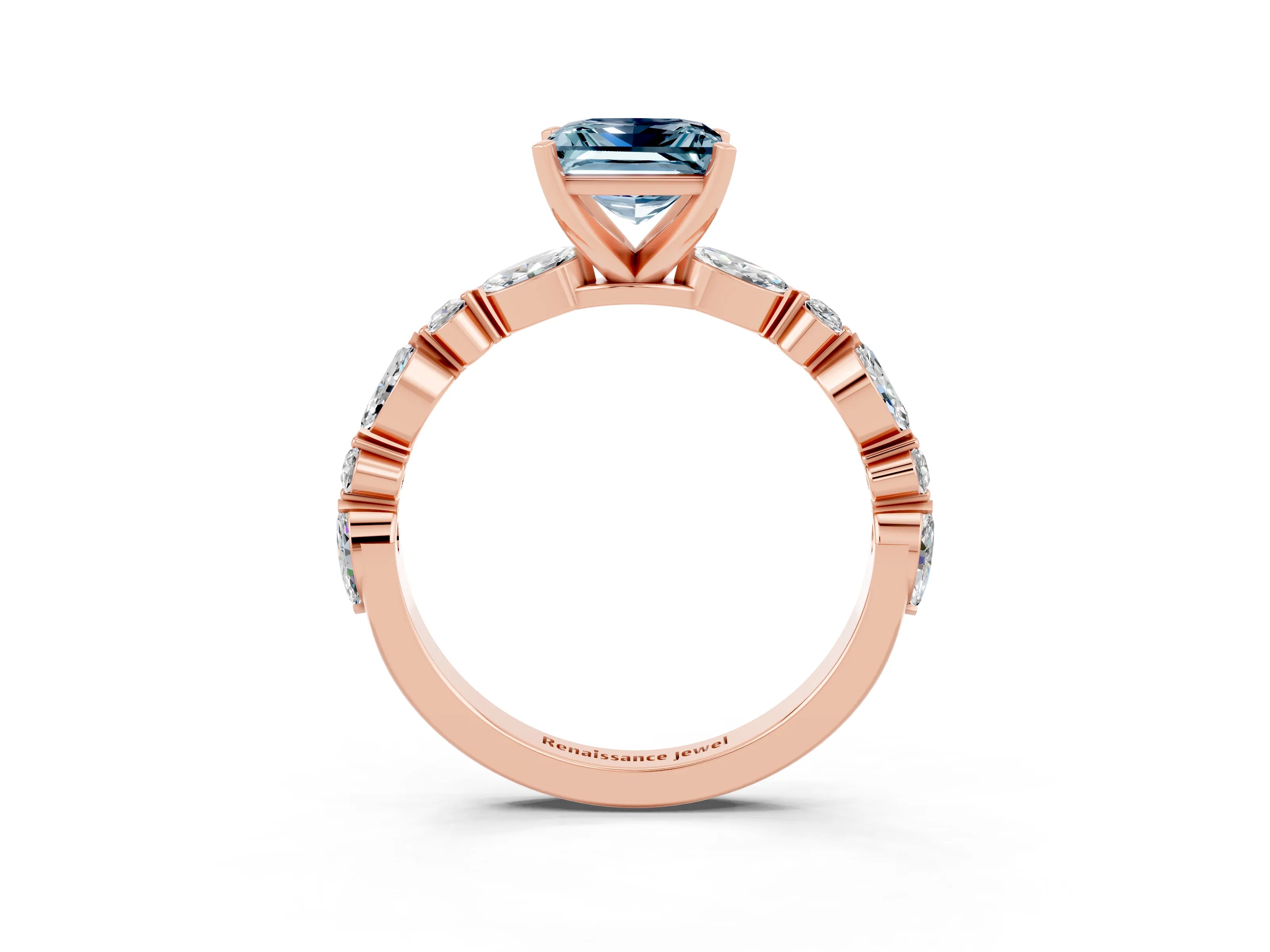 Rose gold Fancy White Princess Cut Aquamarine Solitaire with Side Stones on a Pavé Band and Four-Prong Setting_3