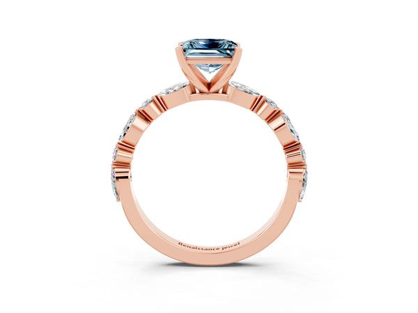 Rose gold Princess Cut Aquamarine Ring with Marquise and Round  Side Stones and Four-Prong Setting