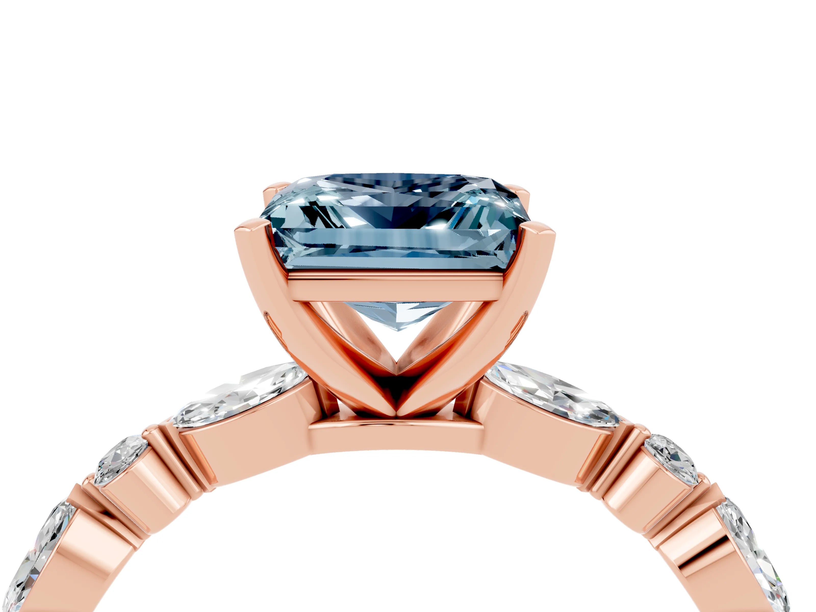 Rose gold Fancy White Princess Cut Aquamarine Solitaire with Side Stones on a Pavé Band and Four-Prong Setting_4