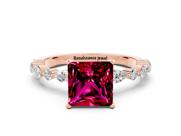 Rose gold Princess Cut Garnet Ring with Marquise and Round  Side Stones and Four-Prong Setting