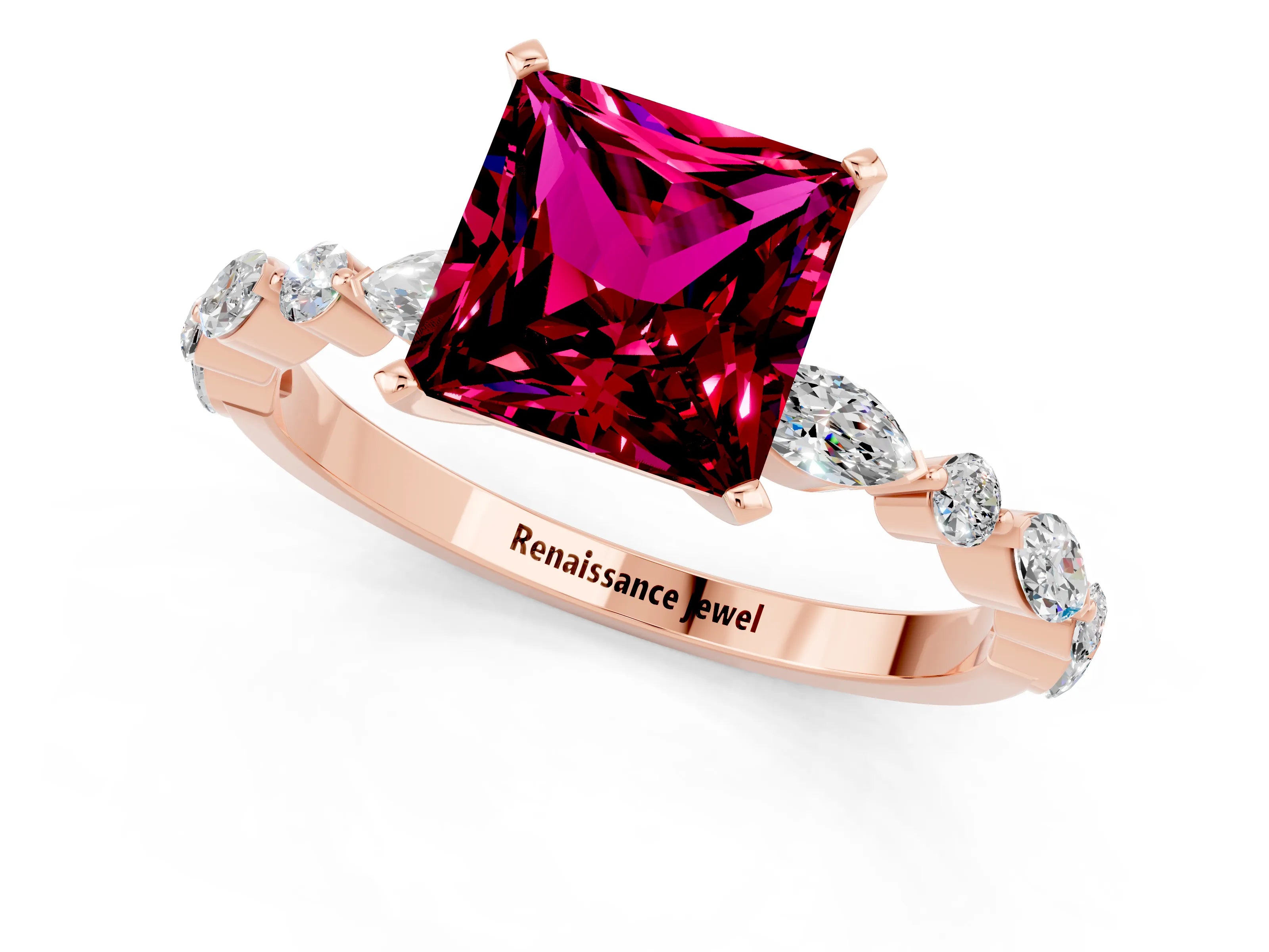 Rose gold Fancy White Princess Cut Garnet Solitaire with Side Stones on a Pavé Band and Four-Prong Setting_1