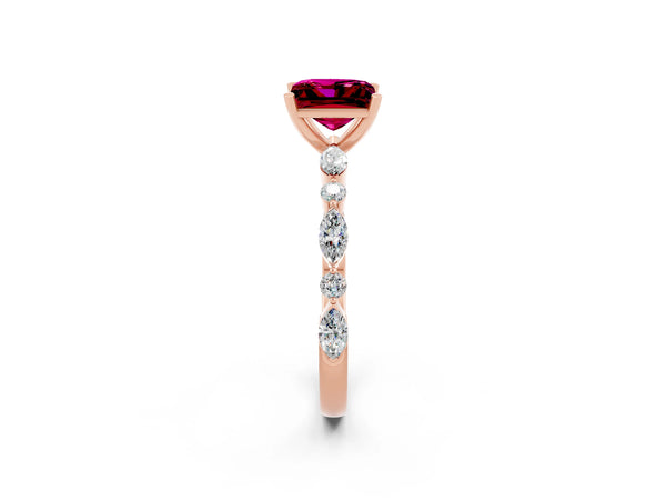 Rose gold Princess Cut Garnet Ring with Marquise and Round  Side Stones and Four-Prong Setting