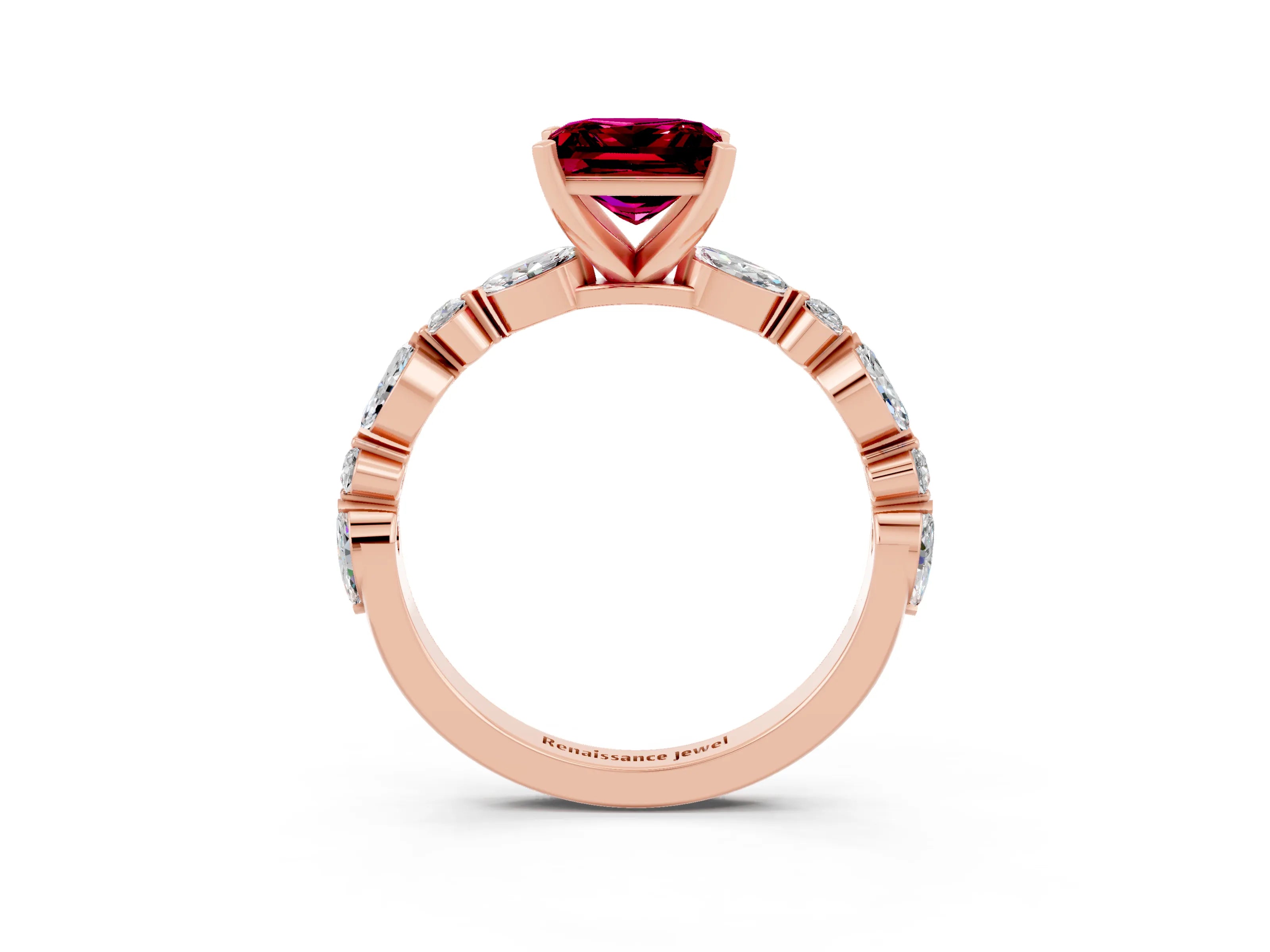 Rose gold Fancy White Princess Cut Garnet Solitaire with Side Stones on a Pavé Band and Four-Prong Setting_3