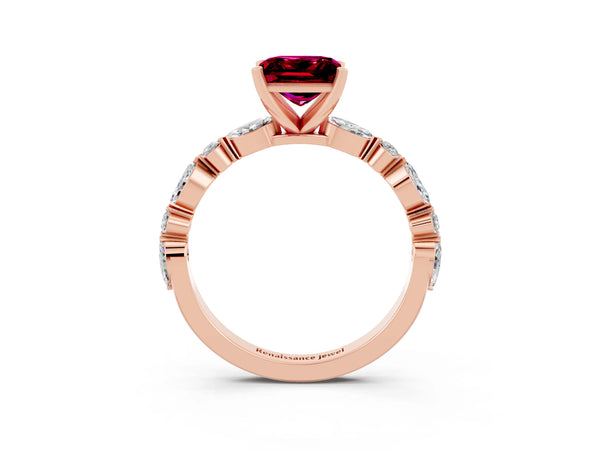 Rose gold Princess Cut Garnet Ring with Marquise and Round  Side Stones and Four-Prong Setting