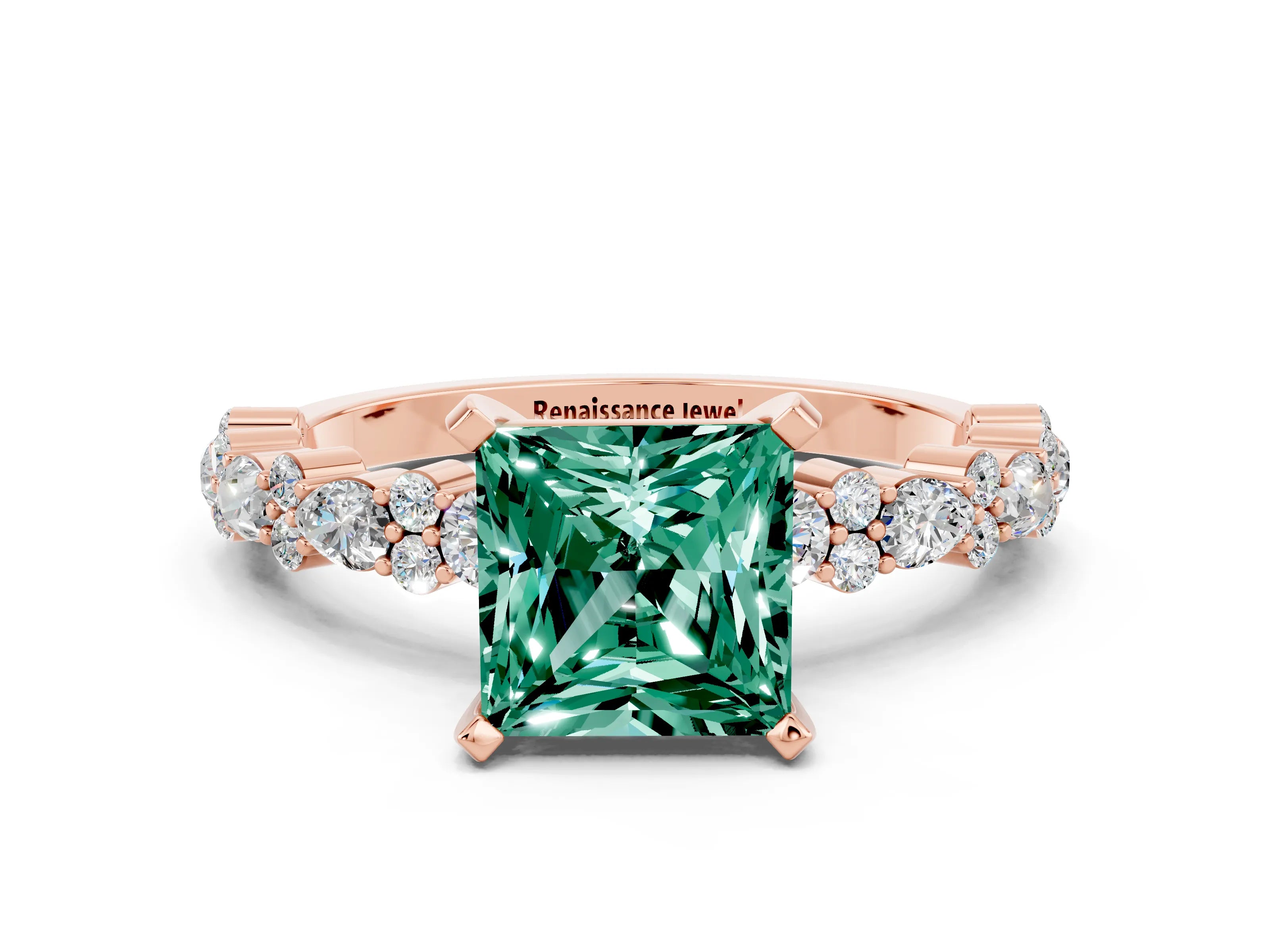 Rose gold Fancy White Princess Cut Green Sapphire Solitaire with Side Stones, Pave Band, Four-Prong Setting_12