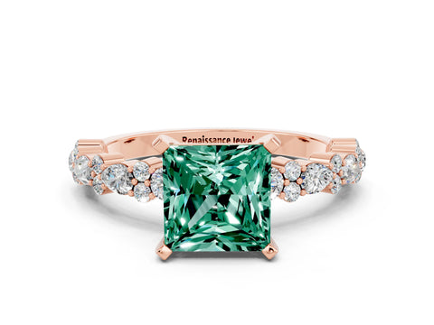Rose gold Fancy White Princess Cut Green Sapphire Solitaire with Side Stones, Pave Band, Four-Prong Setting_12