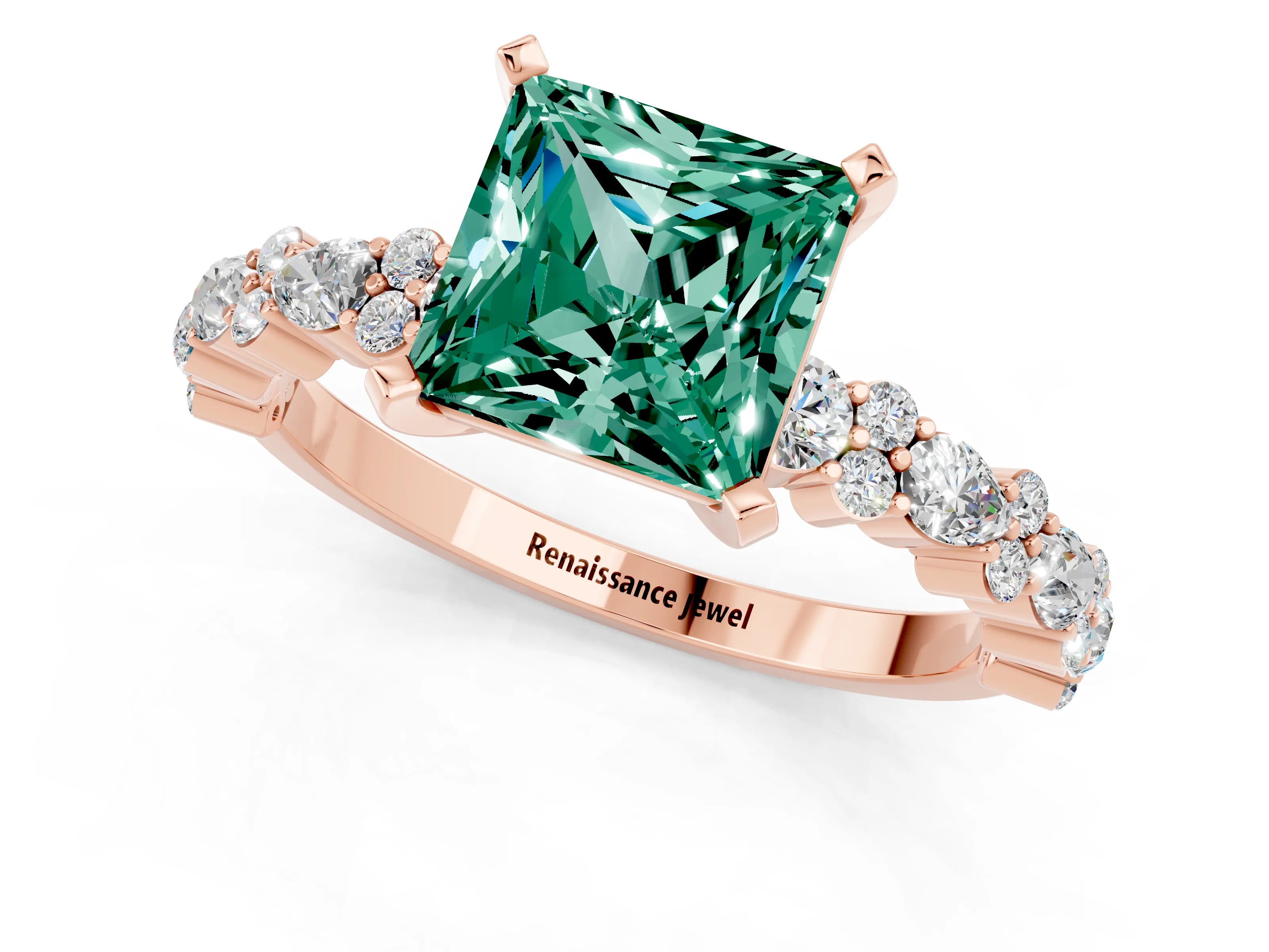 Rose gold Fancy White Princess Cut Green Sapphire Solitaire with Side Stones, Pave Band, Four-Prong Setting_13
