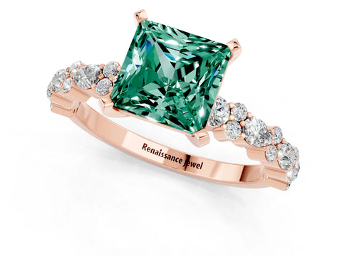 Rose gold Fancy White Princess Cut Green Sapphire Solitaire with Side Stones, Pave Band, Four-Prong Setting_13