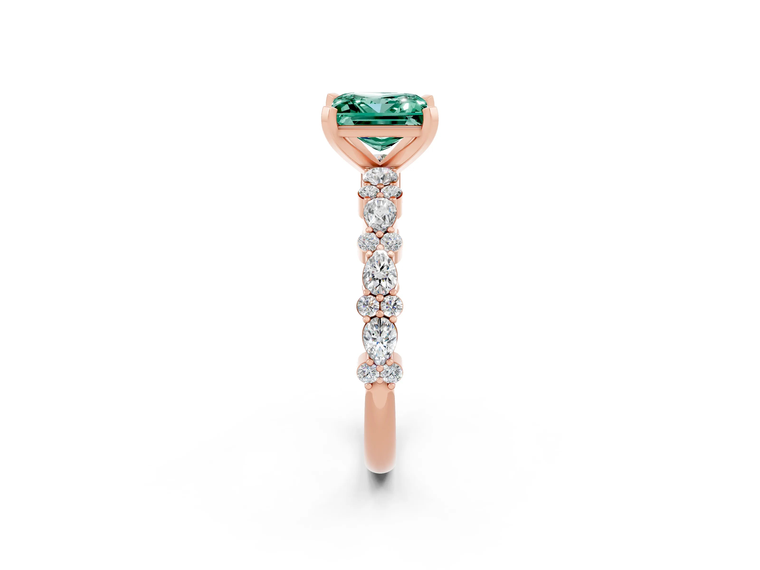 Rose gold Fancy White Princess Cut Green Sapphire Solitaire with Side Stones, Pave Band, Four-Prong Setting_14