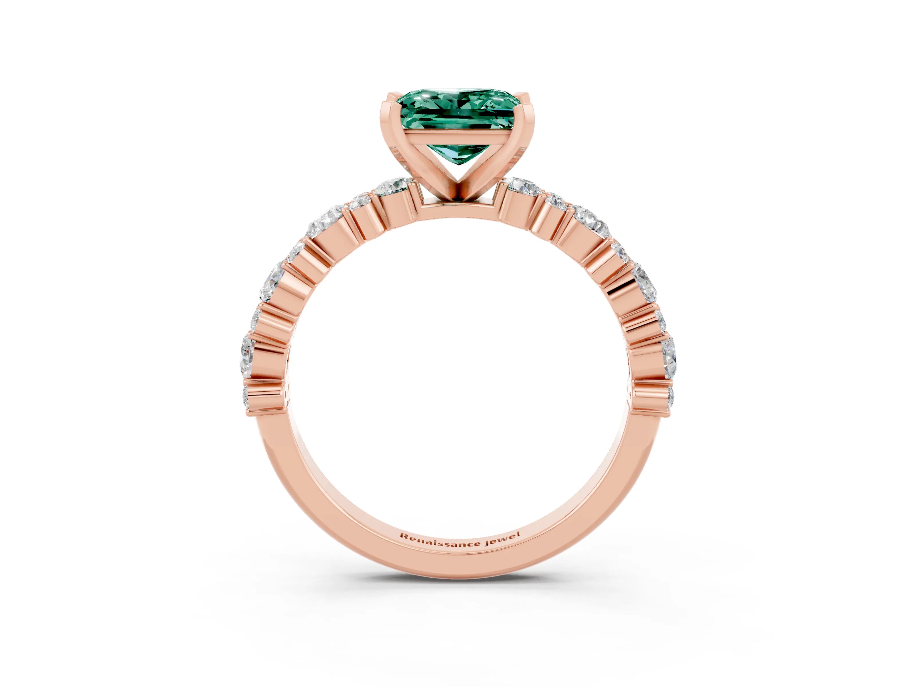 Rose gold Fancy White Princess Cut Green Sapphire Solitaire with Side Stones, Pave Band, Four-Prong Setting_15