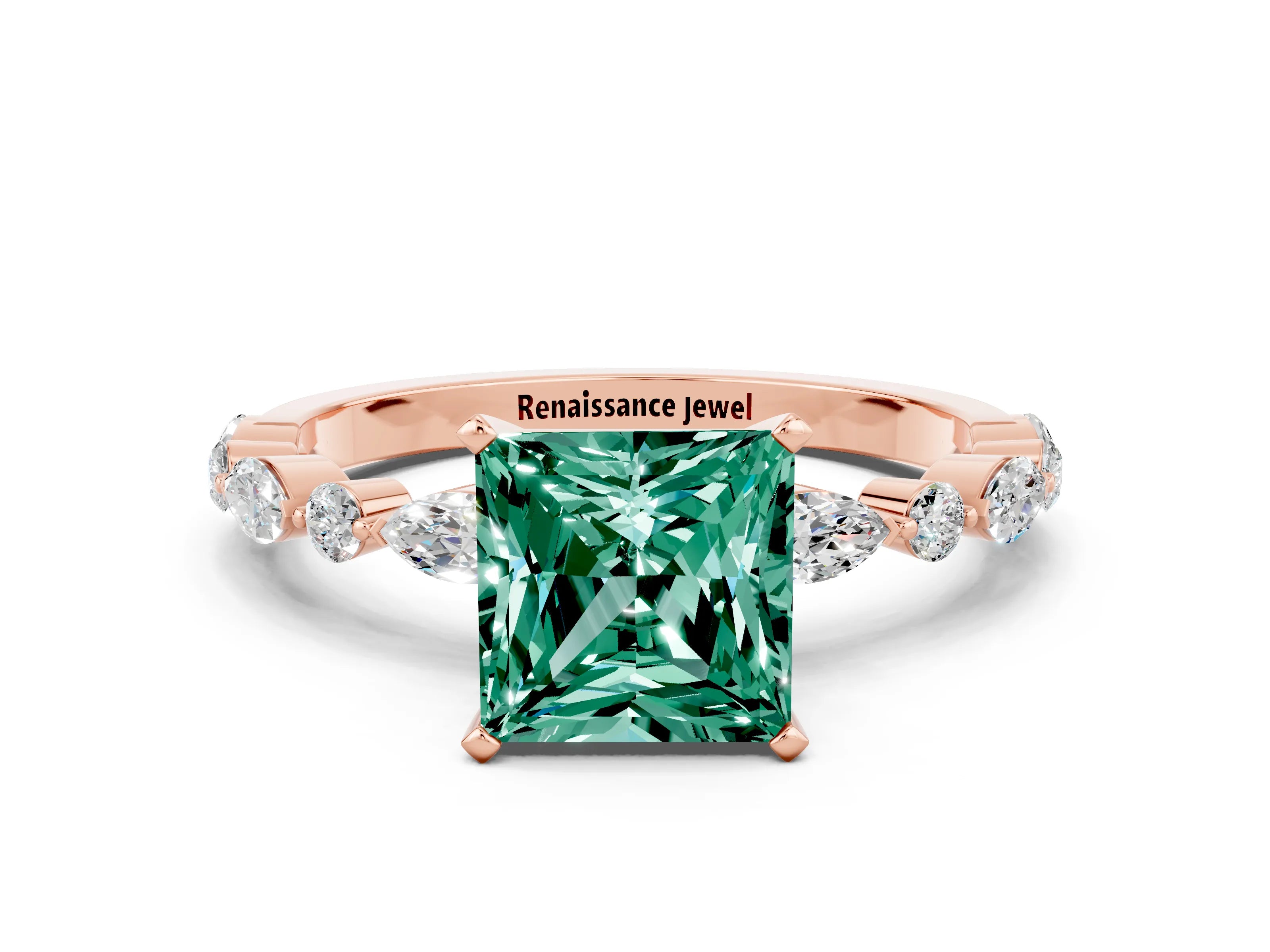 Rose gold Fancy White Princess Cut Green Sapphire Solitaire with Side Stones on a Pavé Band and Four-Prong Setting