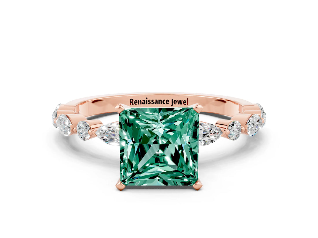 Rose gold Fancy White Princess Cut Green Sapphire Solitaire with Side Stones on a Pavé Band and Four-Prong Setting