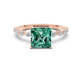 Rose gold Fancy White Princess Cut Green Sapphire Solitaire with Side Stones on a Pavé Band and Four-Prong Setting
