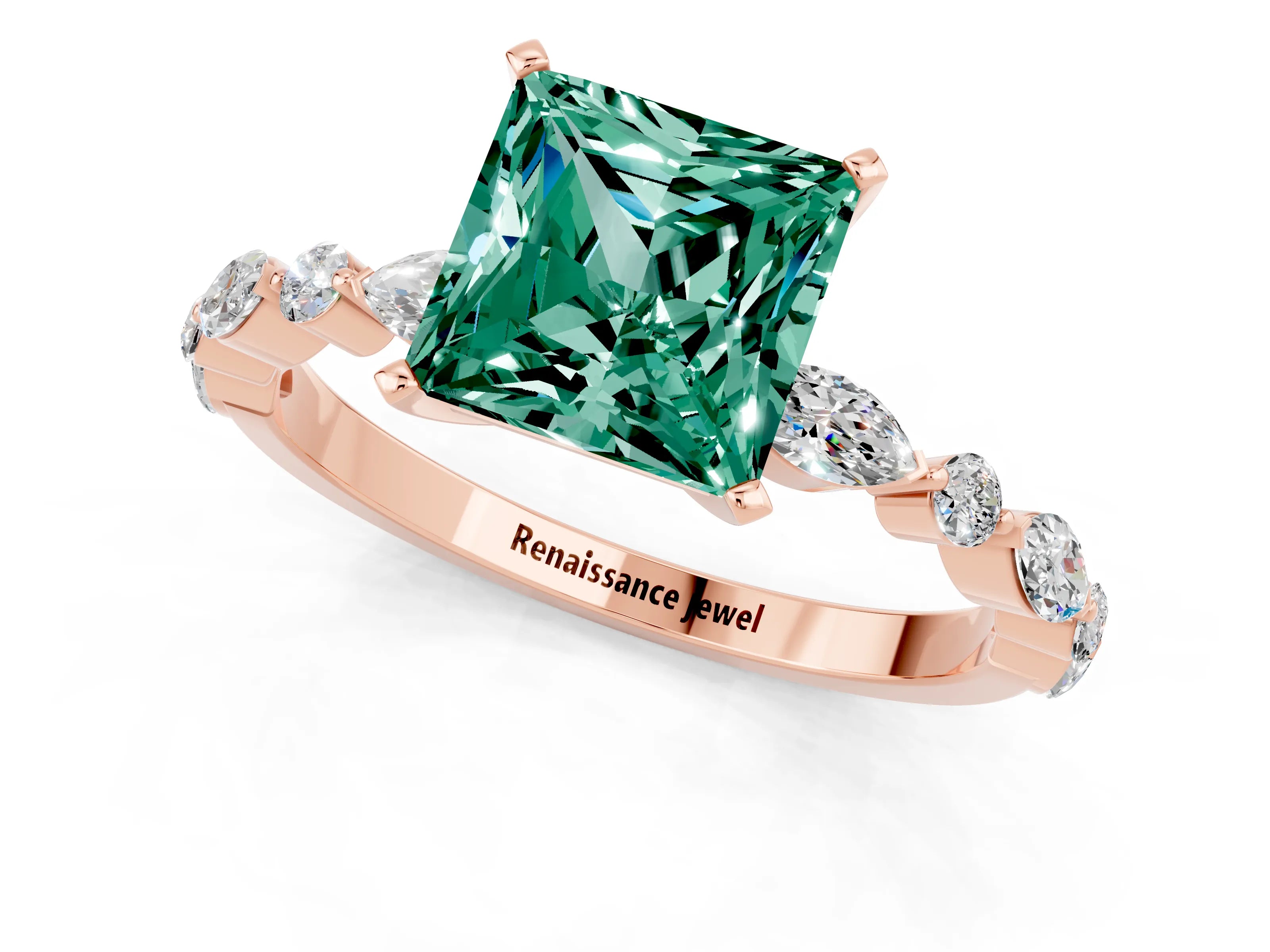 Rose gold Fancy White Princess Cut Green Sapphire Solitaire with Side Stones on a Pavé Band and Four-Prong Setting_1