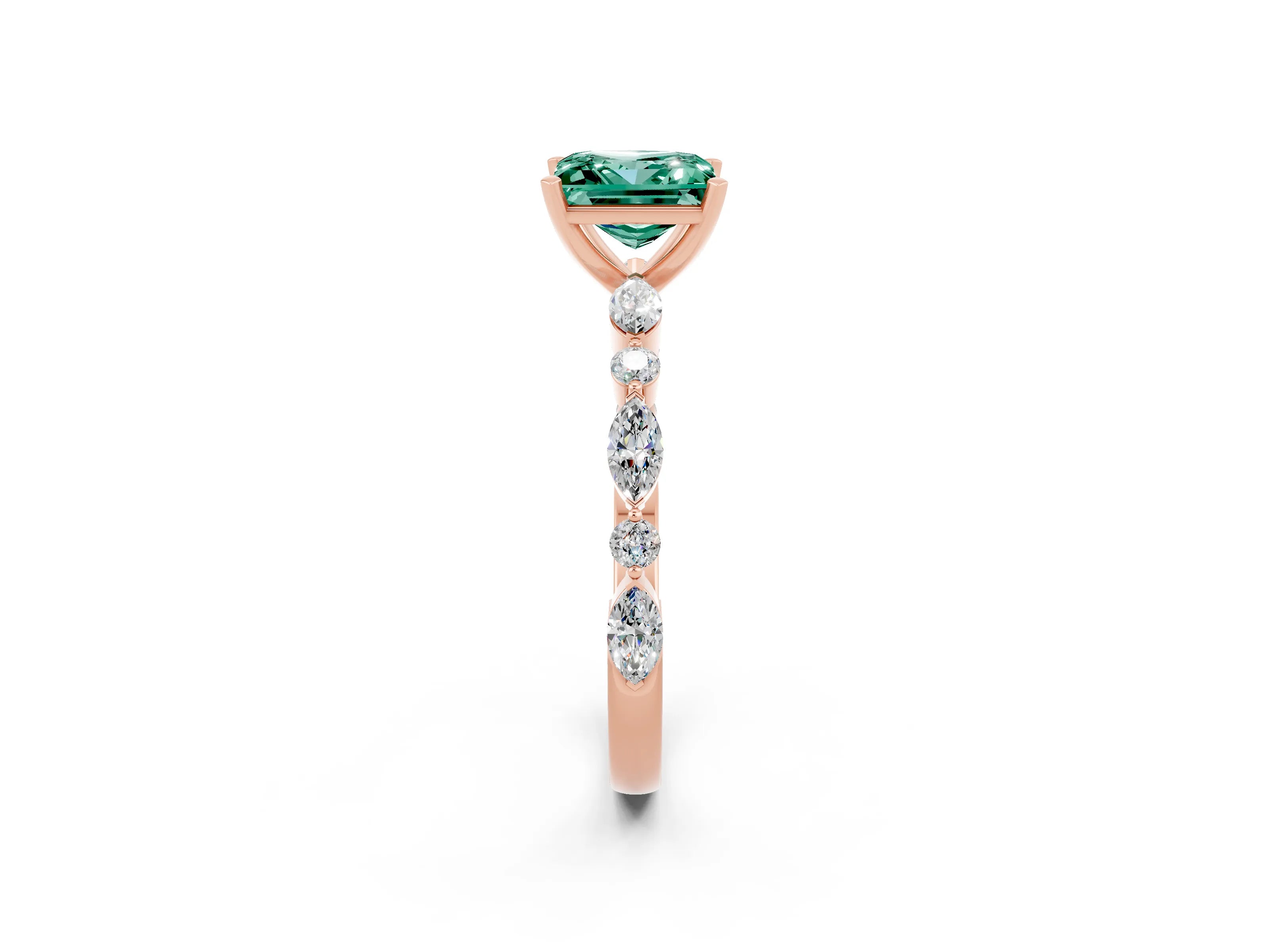 Rose gold Fancy White Princess Cut Green Sapphire Solitaire with Side Stones on a Pavé Band and Four-Prong Setting_2