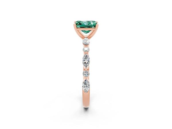 Rose gold Princess Cut Green Sapphire Ring with Marquise and Round  Side Stones and Four-Prong Setting