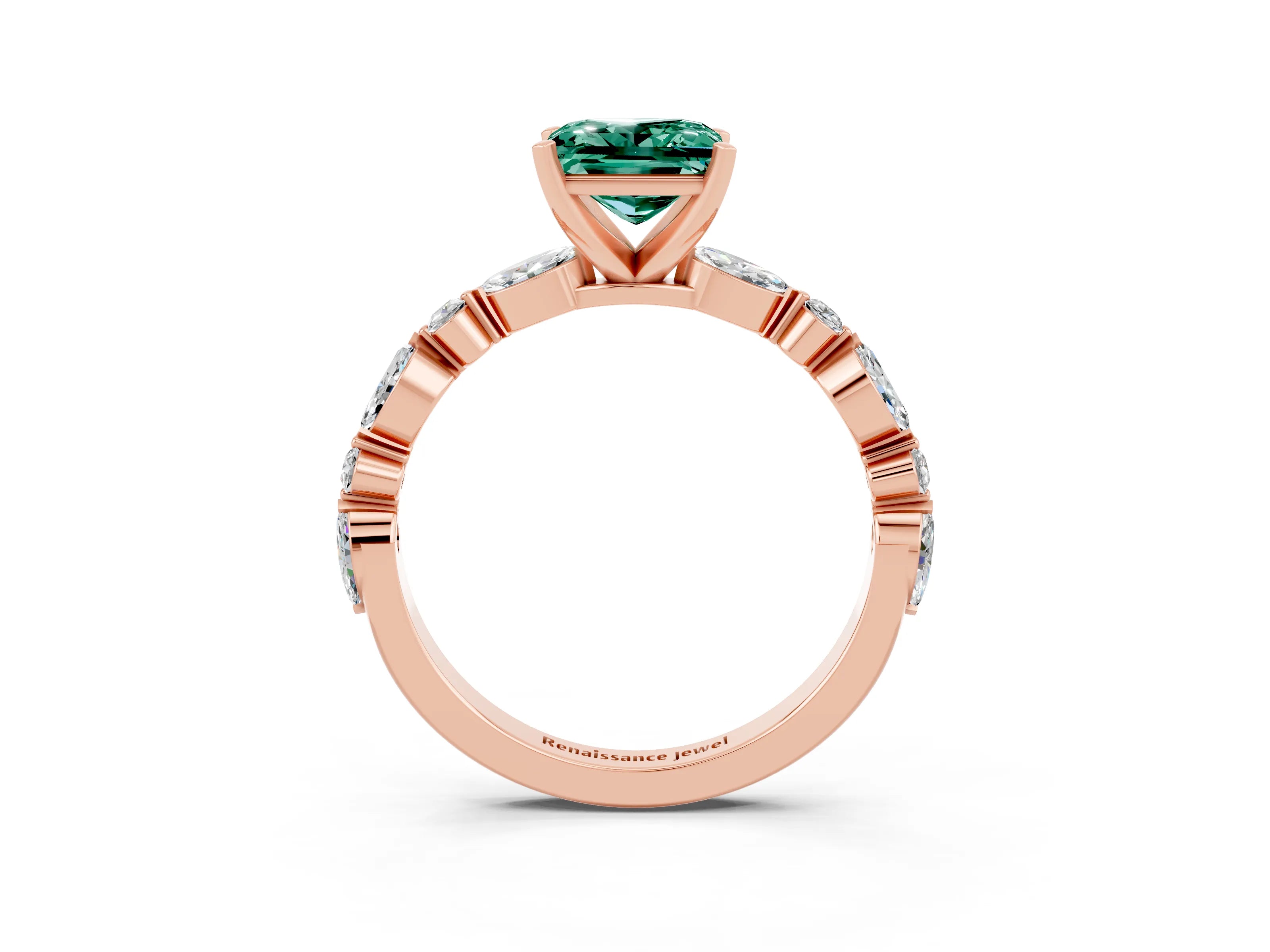 Rose gold Fancy White Princess Cut Green Sapphire Solitaire with Side Stones on a Pavé Band and Four-Prong Setting_3