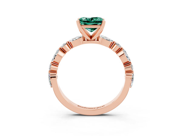 Rose gold Princess Cut Green Sapphire Ring with Marquise and Round  Side Stones and Four-Prong Setting