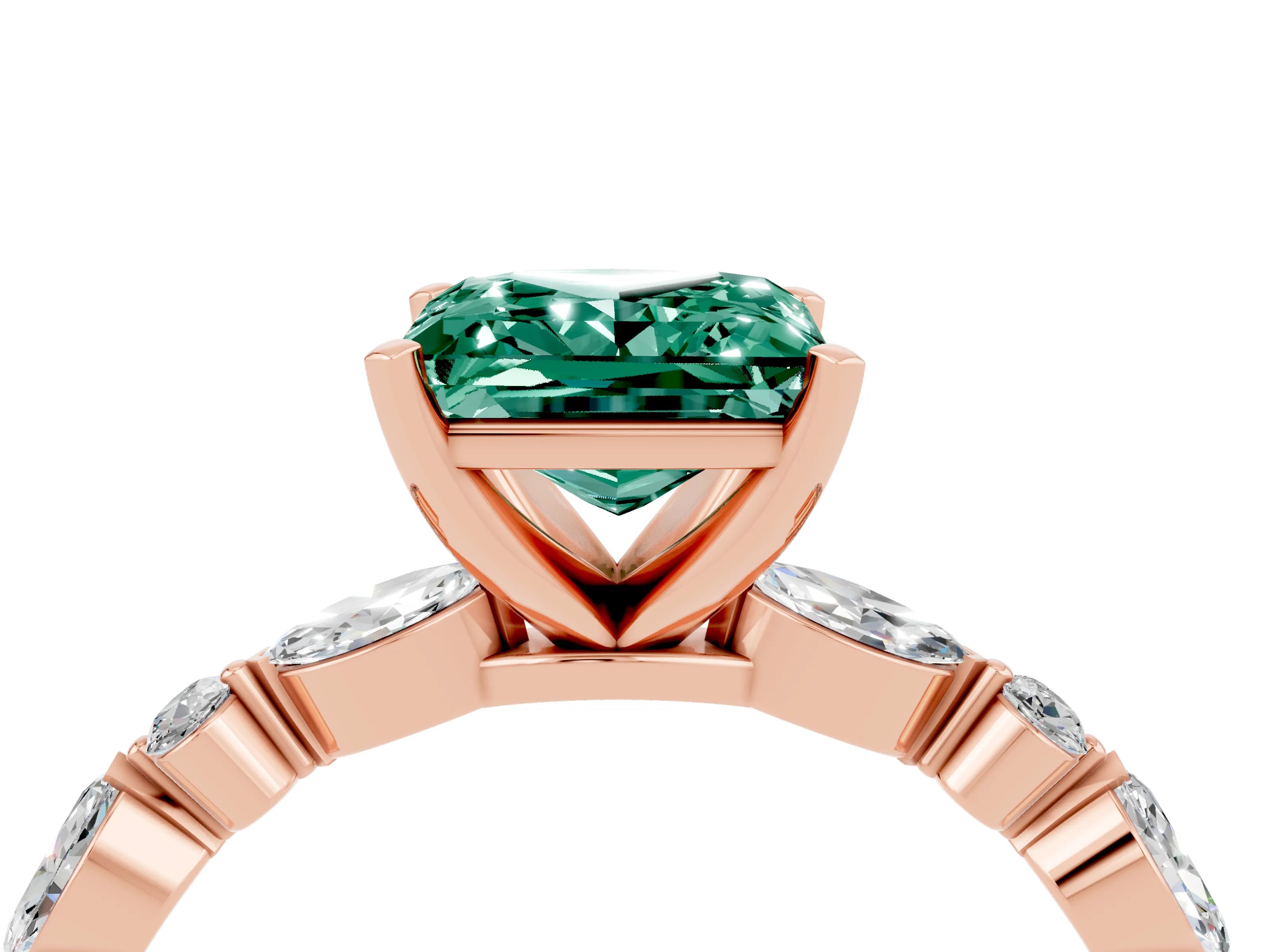 Rose gold Fancy White Princess Cut Green Sapphire Solitaire with Side Stones on a Pavé Band and Four-Prong Setting_4