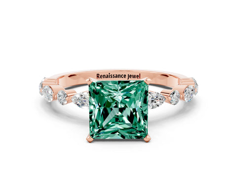 Rose gold Fancy White Princess Cut Green Sapphire Solitaire with Side Stones on a Pavé Band and Four-Prong Setting