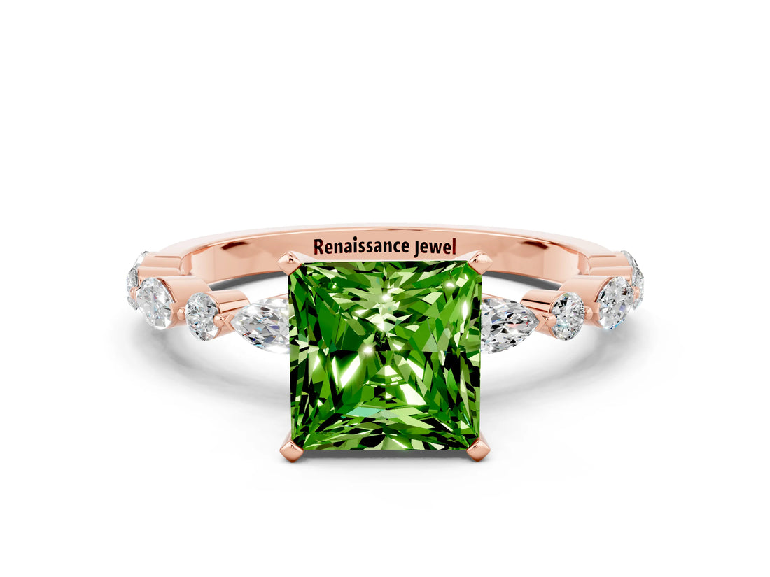 Rose gold Fancy White Princess Cut Peridot Solitaire with Side Stones on a Pavé Band and Four-Prong Setting