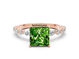 Rose gold Fancy White Princess Cut Peridot Solitaire with Side Stones on a Pavé Band and Four-Prong Setting