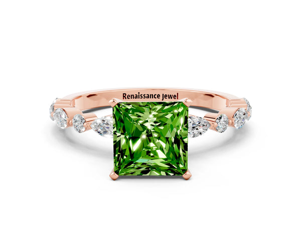 Rose gold Princess Cut Peridot Ring with Marquise and Round  Side Stones and Four-Prong Setting