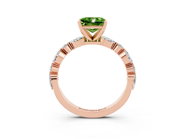 Rose gold Princess Cut Peridot Ring with Marquise and Round  Side Stones and Four-Prong Setting