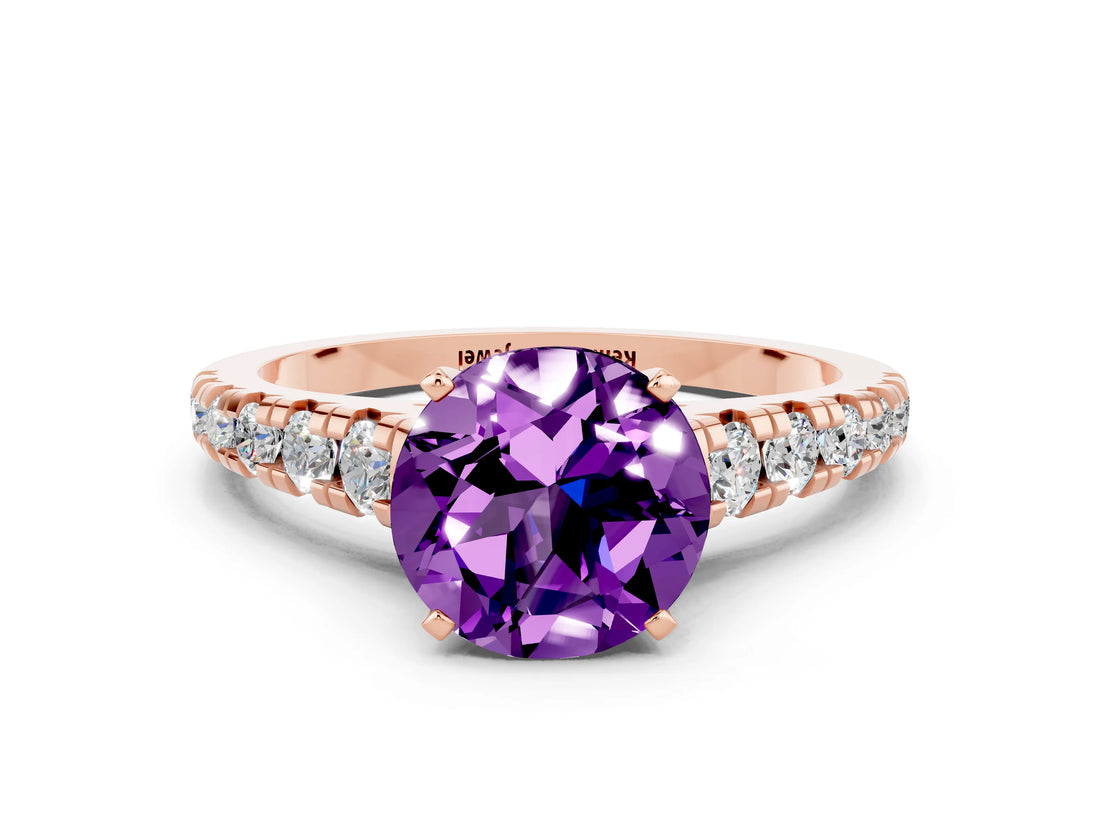 Rose gold Fancy White Round Cut Amethyst Solitaire Ring with Cathedral Setting and Pavé Band