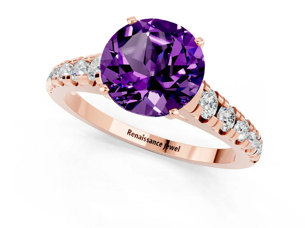 Rose gold Round Cut Amethyst Cathedral Solitaire Ring with Round  Pavé Band
