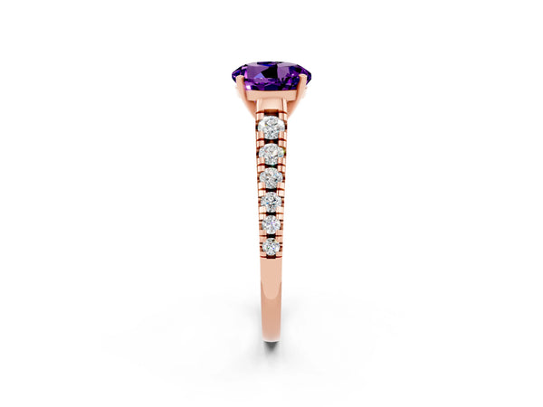 Rose gold Round Cut Amethyst Cathedral Solitaire Ring with Round  Pavé Band