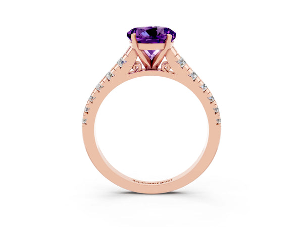 Rose gold Round Cut Amethyst Cathedral Solitaire Ring with Round  Pavé Band