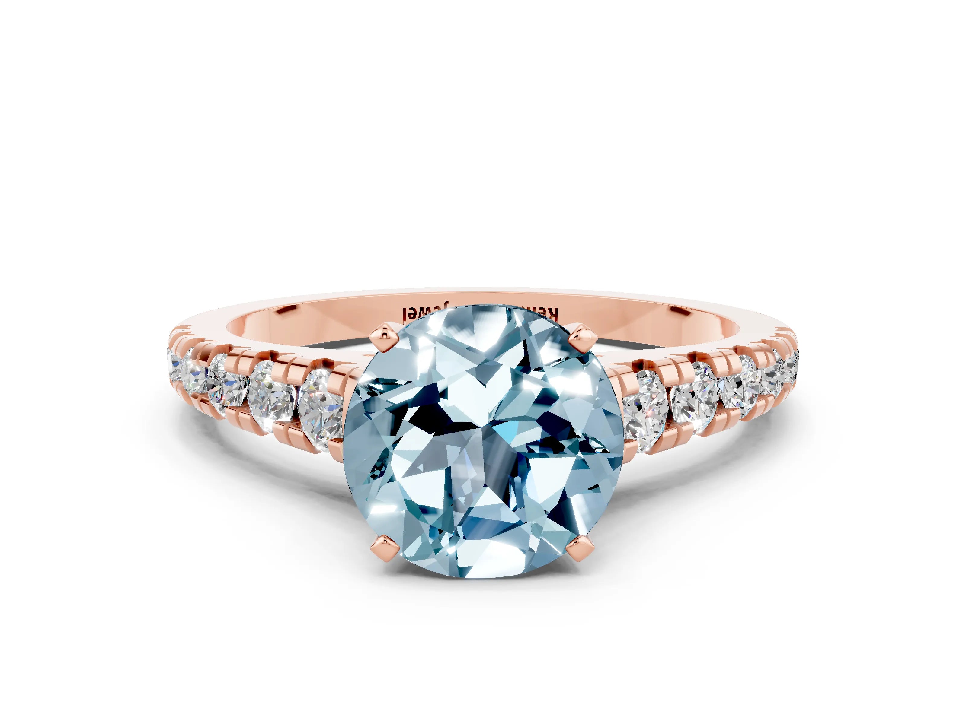 Rose gold Fancy White Round Cut Aquamarine Solitaire Ring with Cathedral Setting and Pavé Band
