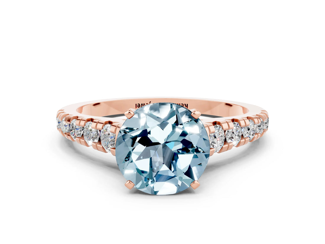 Rose gold Fancy White Round Cut Aquamarine Solitaire Ring with Cathedral Setting and Pavé Band