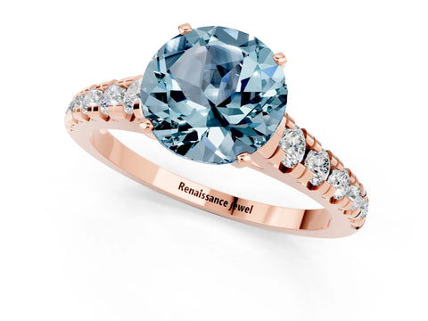 Rose gold Fancy White Round Cut Aquamarine Solitaire Ring with Cathedral Setting and Pavé Band_1
