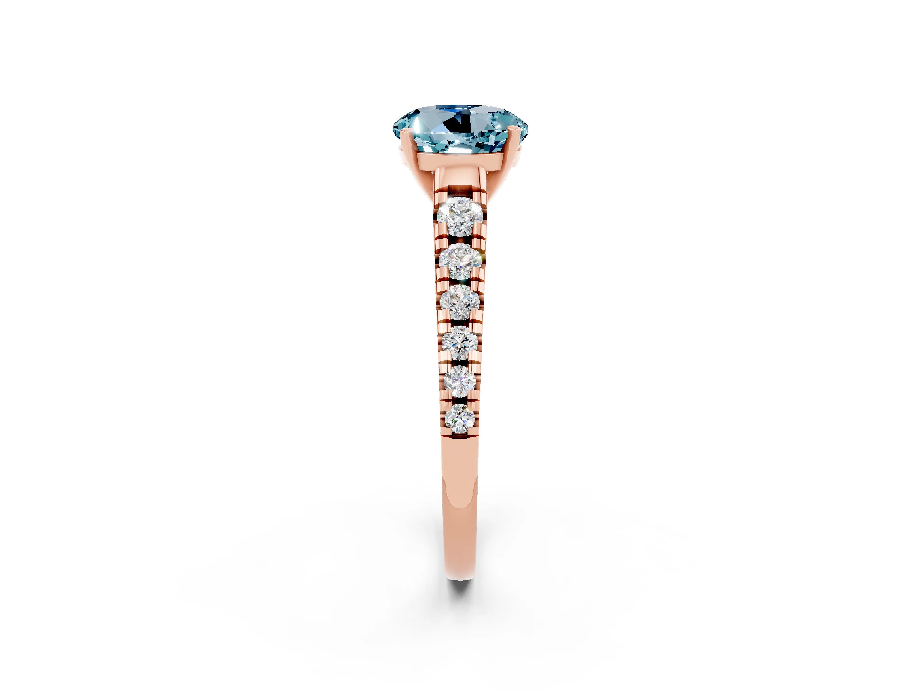 Rose gold Fancy White Round Cut Aquamarine Solitaire Ring with Cathedral Setting and Pavé Band_2