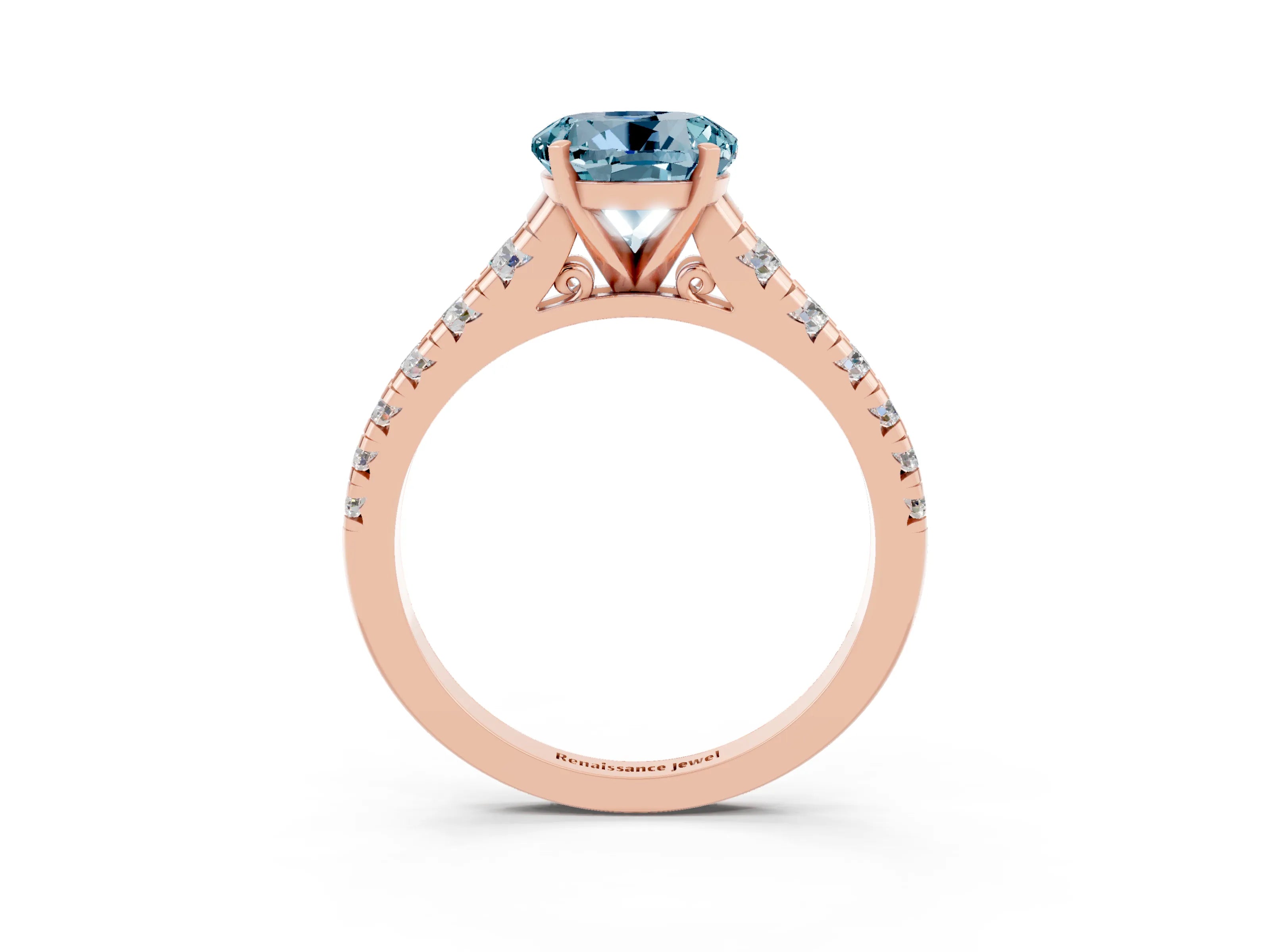 Rose gold Fancy White Round Cut Aquamarine Solitaire Ring with Cathedral Setting and Pavé Band_3