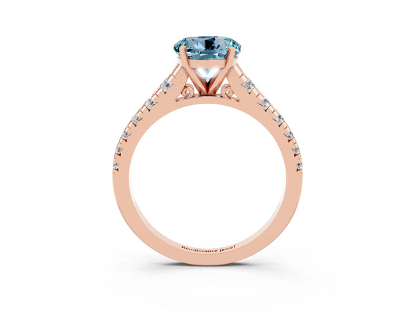 Rose gold Round Cut Aquamarine Cathedral Solitaire Ring with Round  Pavé Band