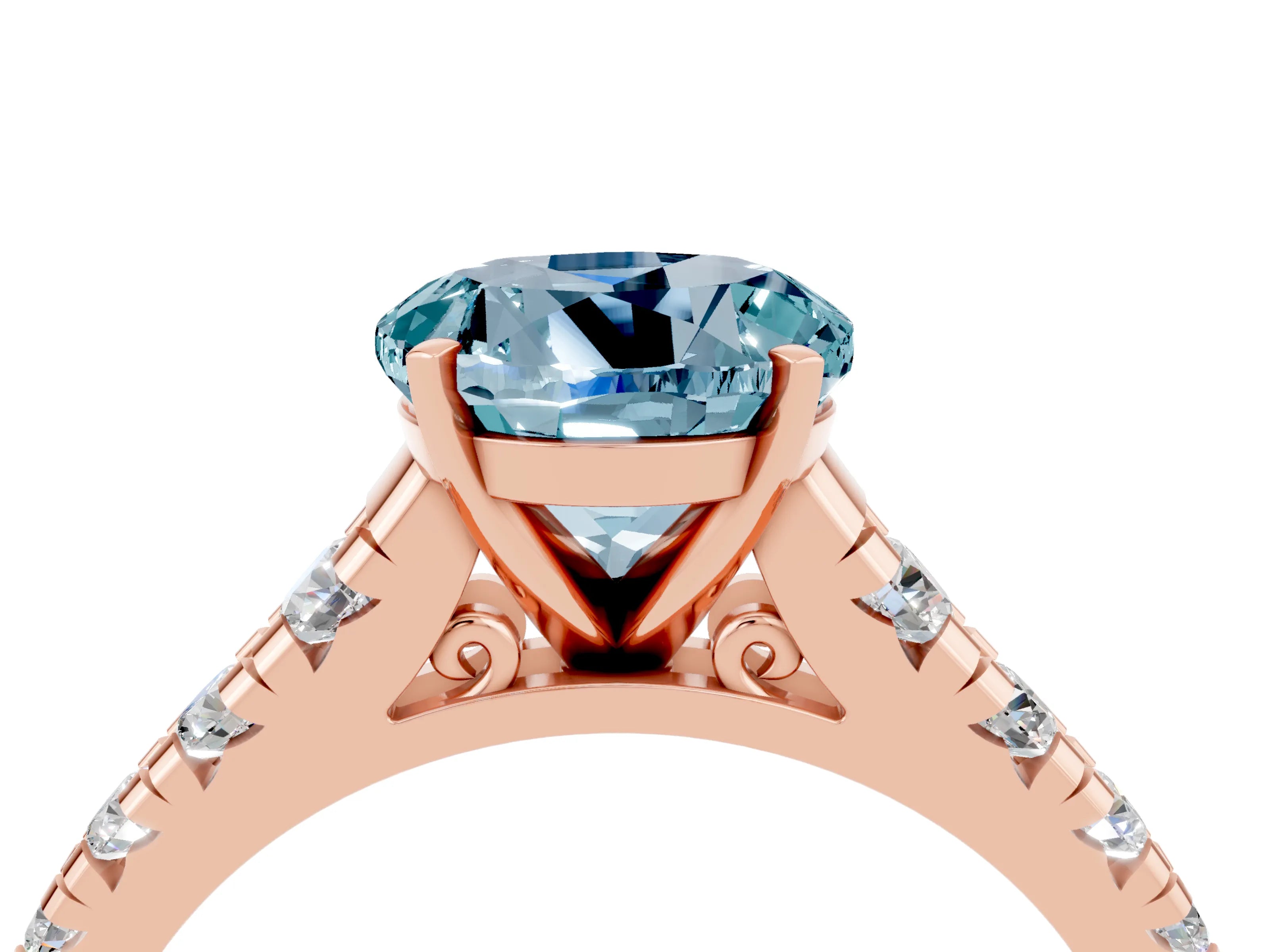 Rose gold Fancy White Round Cut Aquamarine Solitaire Ring with Cathedral Setting and Pavé Band_4