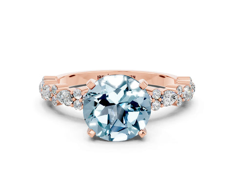 Rose gold Fancy White Round Cut Aquamarine Solitaire with Side Stones, Pave Band, Four-Prong Setting_12