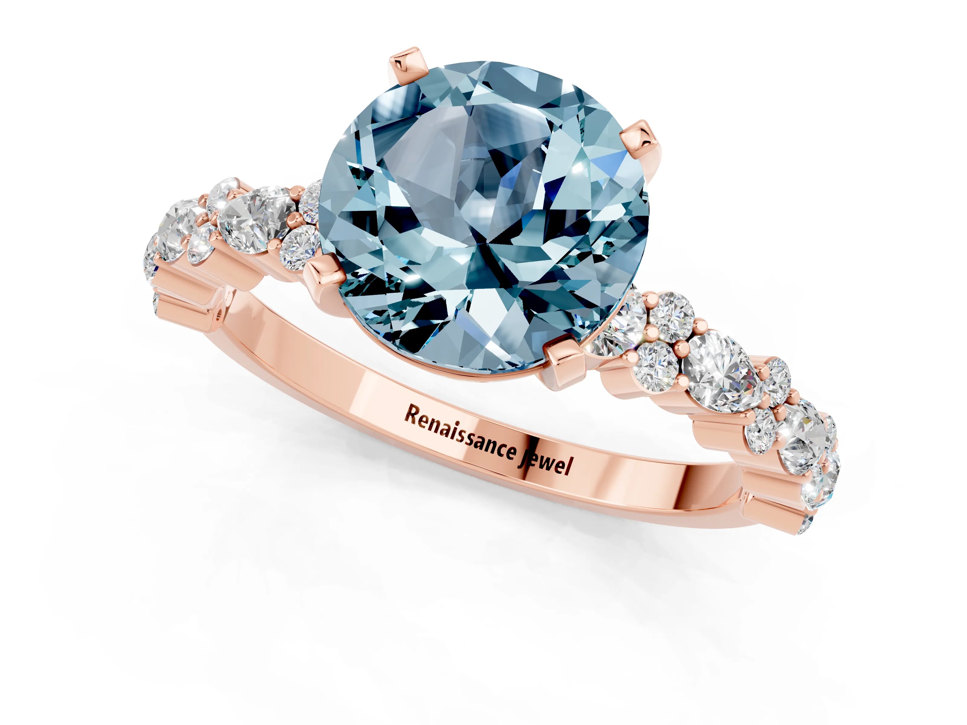 Rose gold Fancy White Round Cut Aquamarine Solitaire with Side Stones, Pave Band, Four-Prong Setting_13
