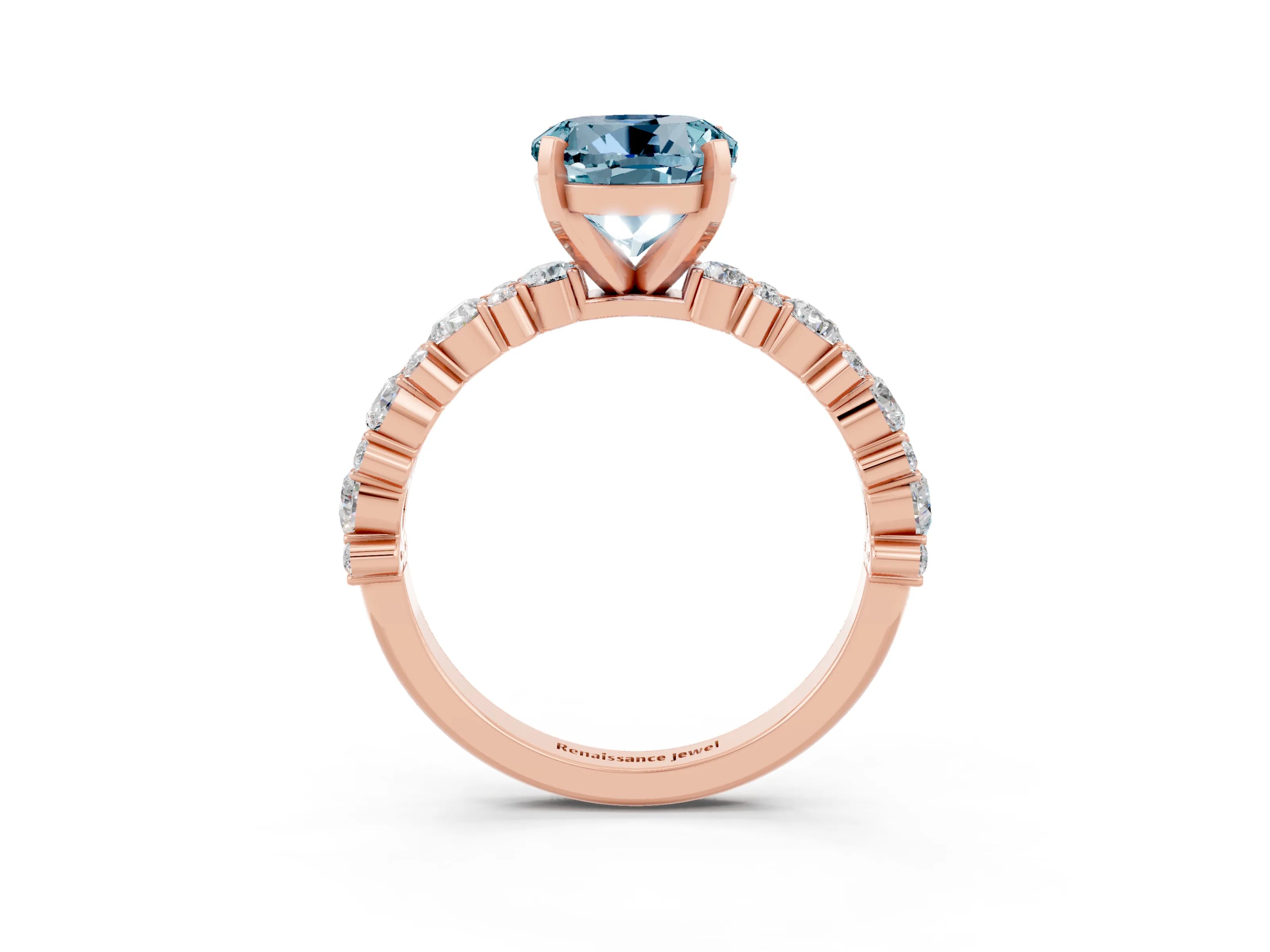 Rose gold Fancy White Round Cut Aquamarine Solitaire with Side Stones, Pave Band, Four-Prong Setting_15