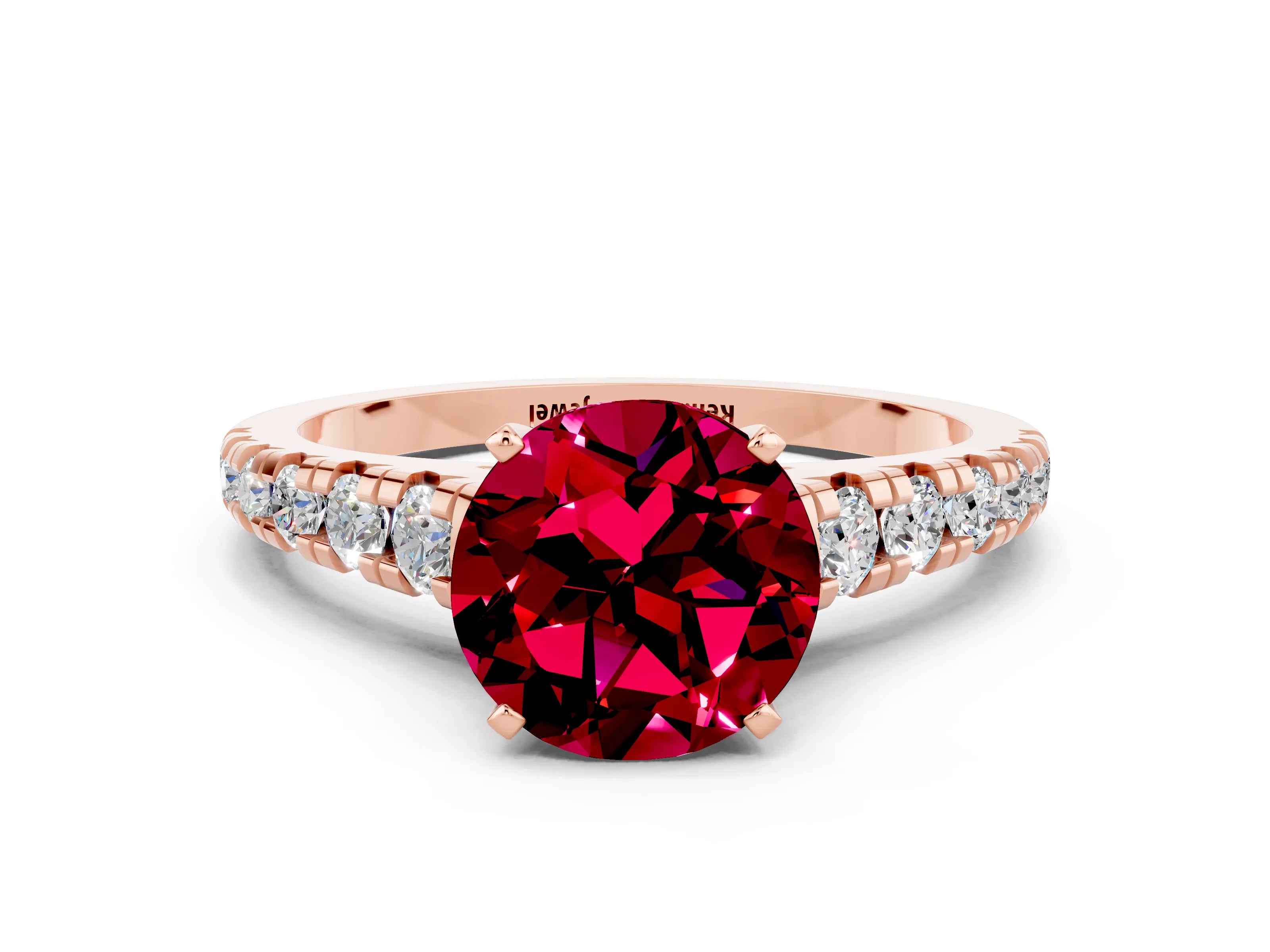 Rose gold Fancy White Round Cut Garnet Solitaire Ring with Cathedral Setting and Pavé Band