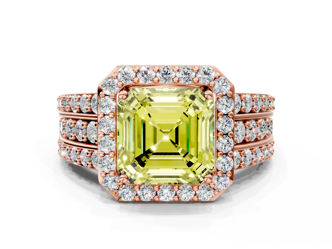 Rose gold Fancy Yellow Asscher -Cut Halo Diamond Ring with Split Shank and Four-Prong Setting_51