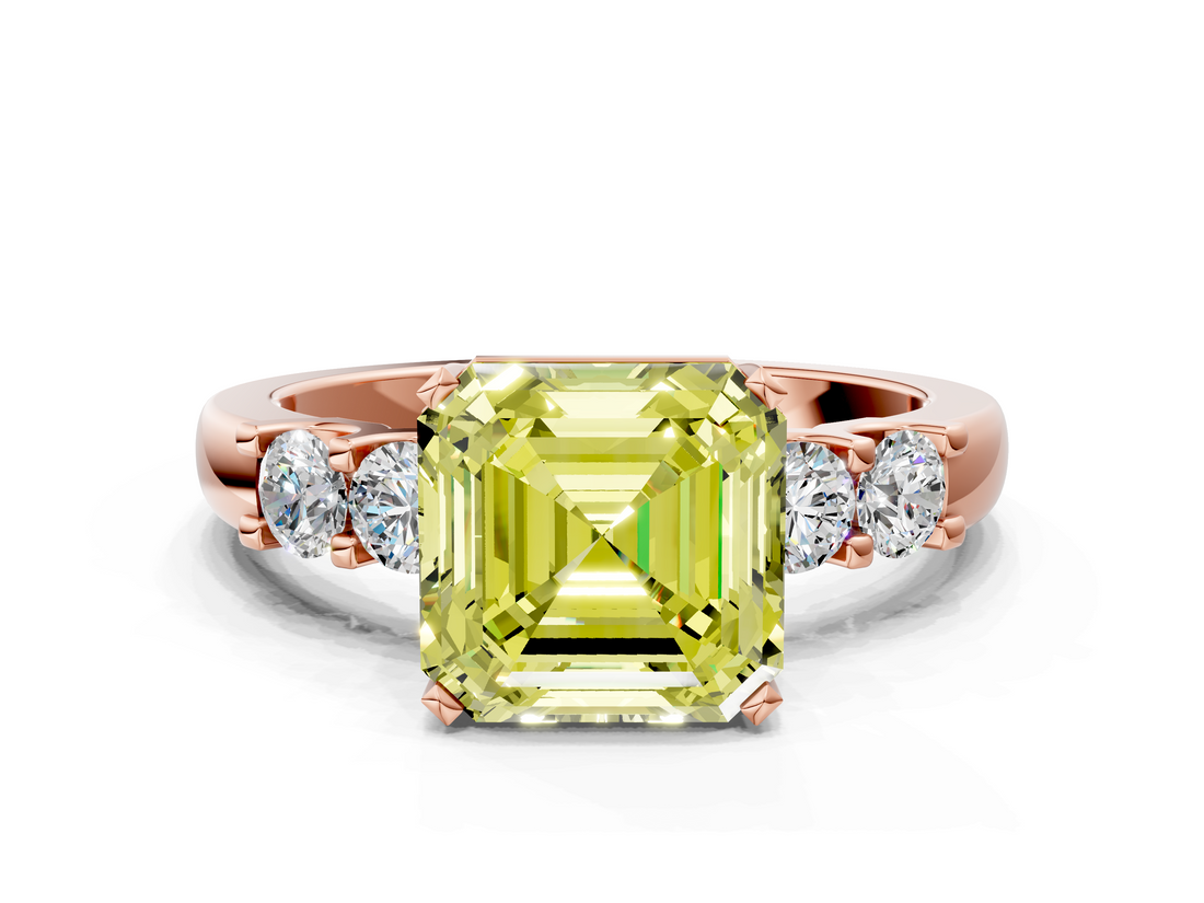 Rose gold Fancy Yellow Asscher  Brilliant Cut Diamond Five-Stone Prong Set Engagement Ring with Channel Band_17