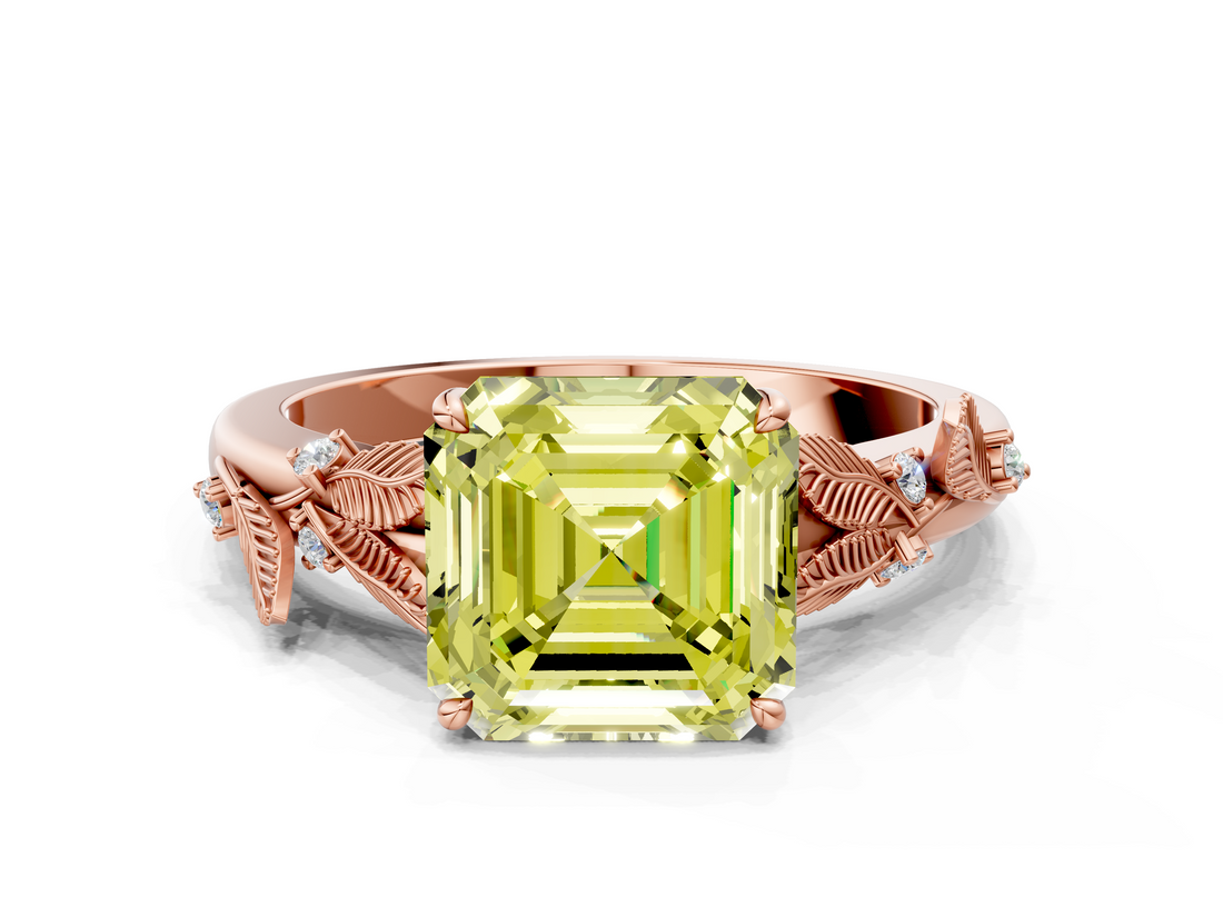 Rose gold Fancy Yellow Asscher  Brilliant Solitaire with Leaf Motif Band and Four-Prong Setting