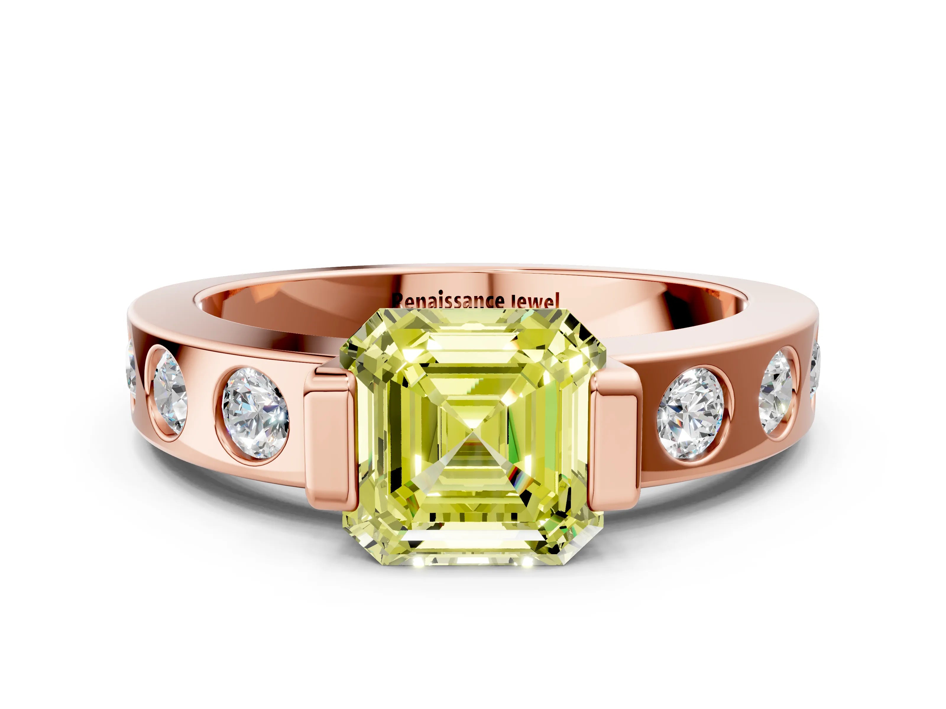 Rose gold Fancy Yellow Asscher Cut Brilliant Channel-Set Diamond Ring with Bezel Prong Setting