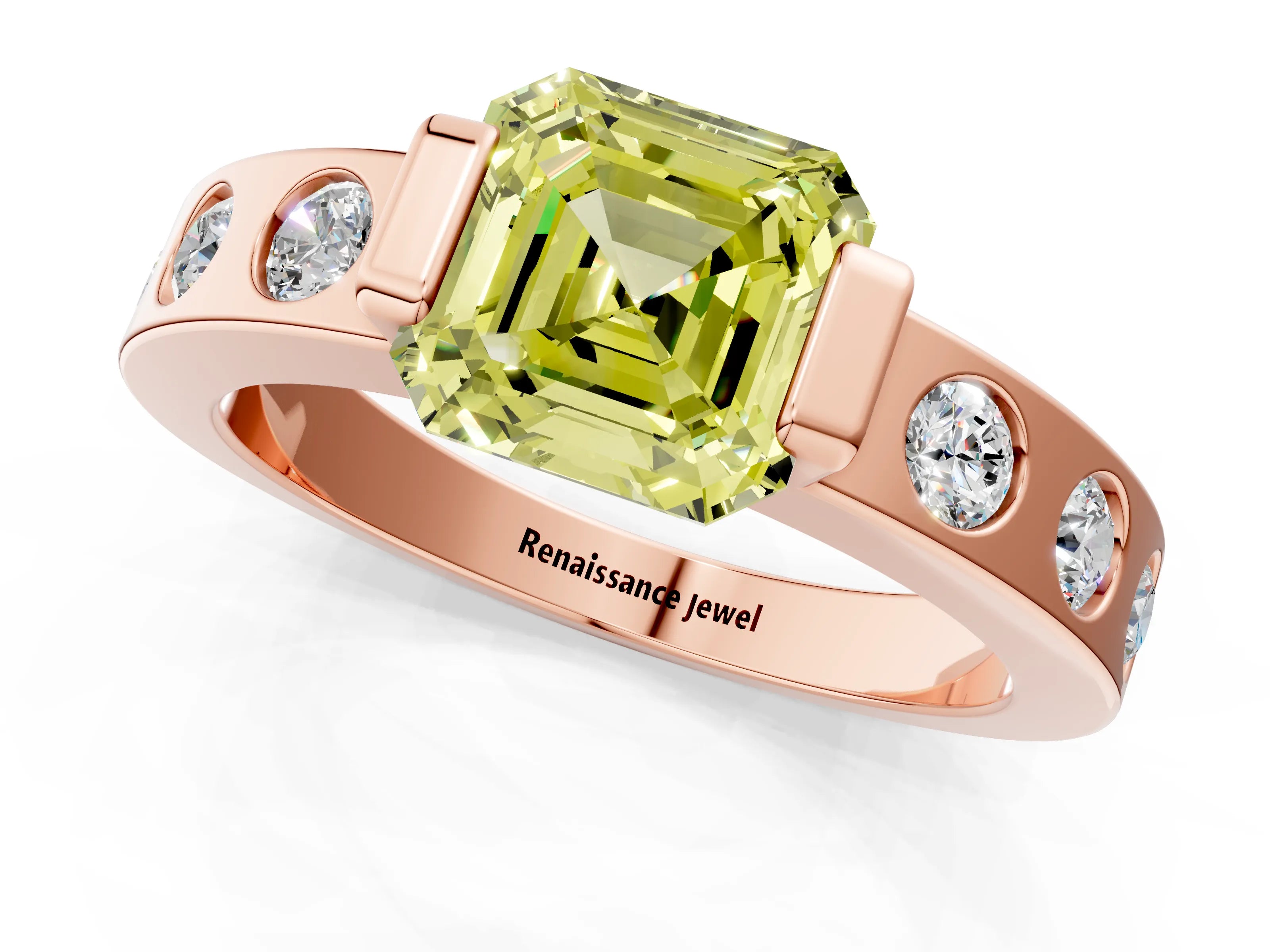 Rose gold Fancy Yellow Asscher Cut Brilliant Channel-Set Diamond Ring with Bezel Prong Setting_1