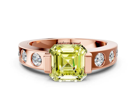 Rose gold Fancy Yellow Asscher Cut Brilliant Channel-Set Diamond Ring with Bezel Prong Setting
