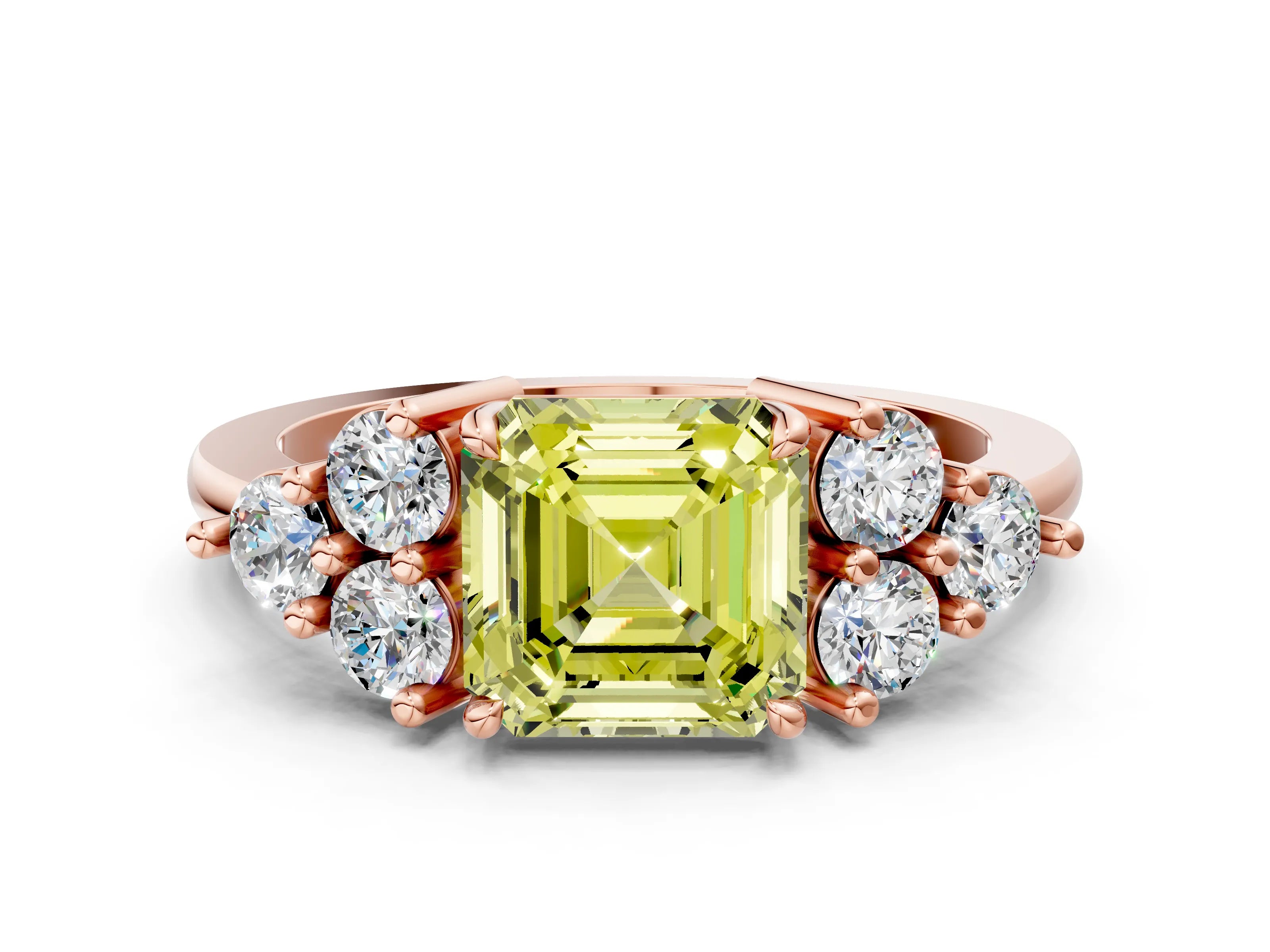 Rose gold Fancy Yellow Asscher Cut Brilliant Diamond Cluster Accent Solitaire Ring with Prong Setting